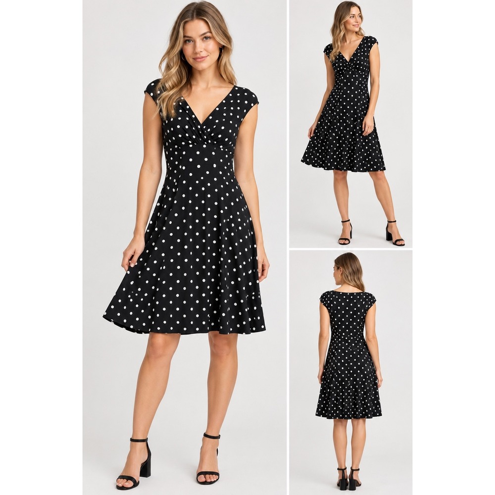LRL Ralph Lauren Black White Polka Dot Cap Sleeve V-Neck Spin Fit Flare Dress 8
